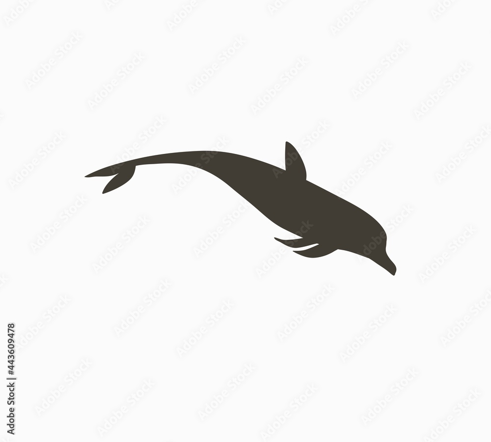 Hand drawn vector abstract stock graphic summer time cartoon,minimalistic illustrations print logo element,with beautiful swimming and jumping dolphin silhouette isolated on white background.