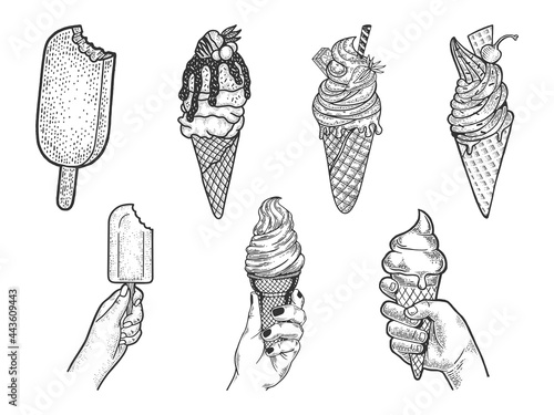 Ice cream set line art sketch engraving vector illustration. T-shirt apparel print design. Scratch board imitation. Black and white hand drawn image.