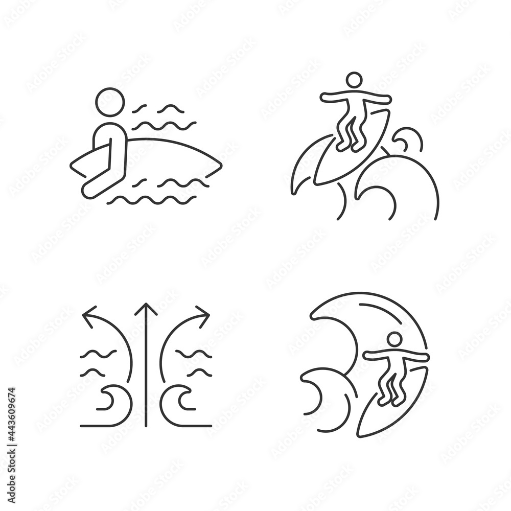 Riding wave using board linear icons set. Entering water. Floater technique. Rip currents. Big wave. Customizable thin line contour symbols. Isolated vector outline illustrations. Editable stroke Riding wave using board linear icons set. Entering water. Floater technique. Rip currents. Big wave. Customizable thin line contour symbols. Isolated vector outline illustrations. Editable stroke