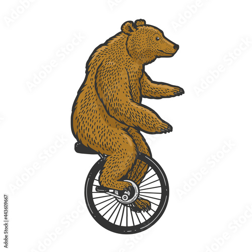 unicycle cartoon circus bear color line art sketch engraving vector illustration. T-shirt apparel print design. Scratch board imitation. Black and white hand drawn image.