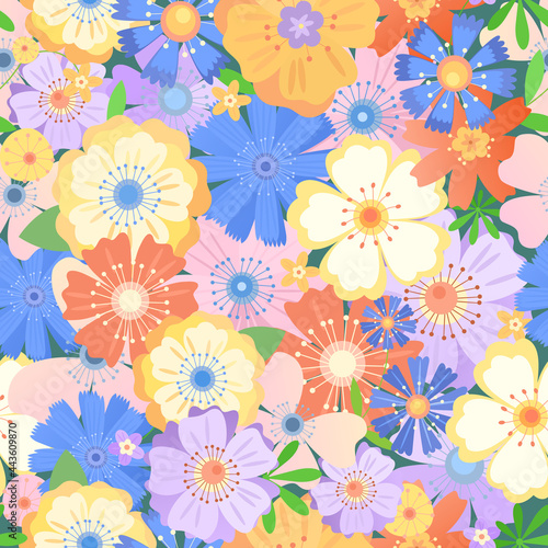 seamless pattern of blossoming flowers.  chicory  wild rose  cornflower and other forest and wildflowers.  vector illustration.