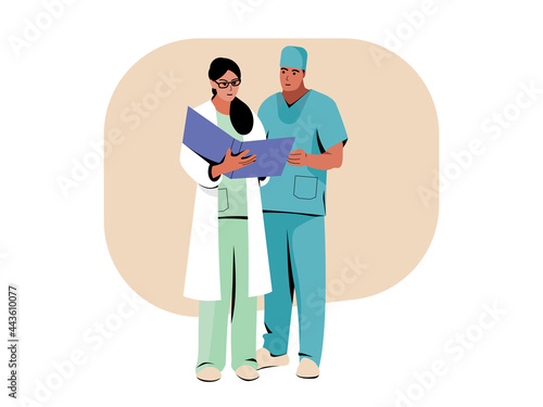 Medical team workers examening a medical report. Character design.