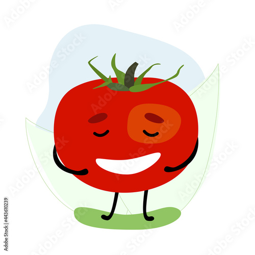 Vector illustration with a red cartoon tomato with limbs and a face. The tomato laughs.