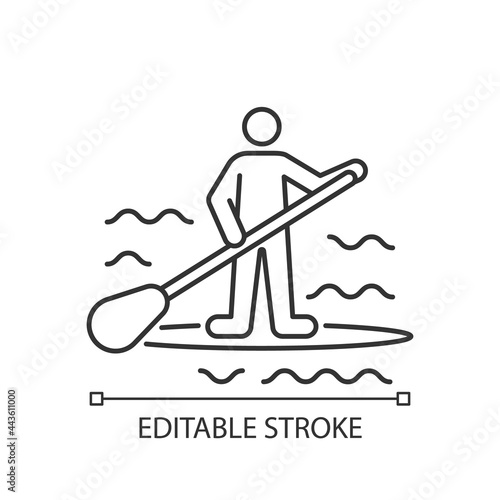 Paddle board surfing linear icon. SUP surfing. Upper body training. Require balance, coordination. Thin line customizable illustration. Contour symbol. Vector isolated outline drawing. Editable stroke