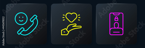 Set line Incoming call on mobile, and Pleasant relationship. Black square button. Vector