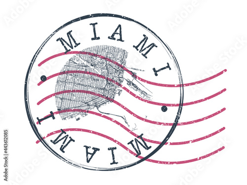 Miami, FL, USA Stamp Map Postal. Silhouette Seal Roads and Streets. Passport Round Design. Vector Icon. Design Retro Travel National Symbol.