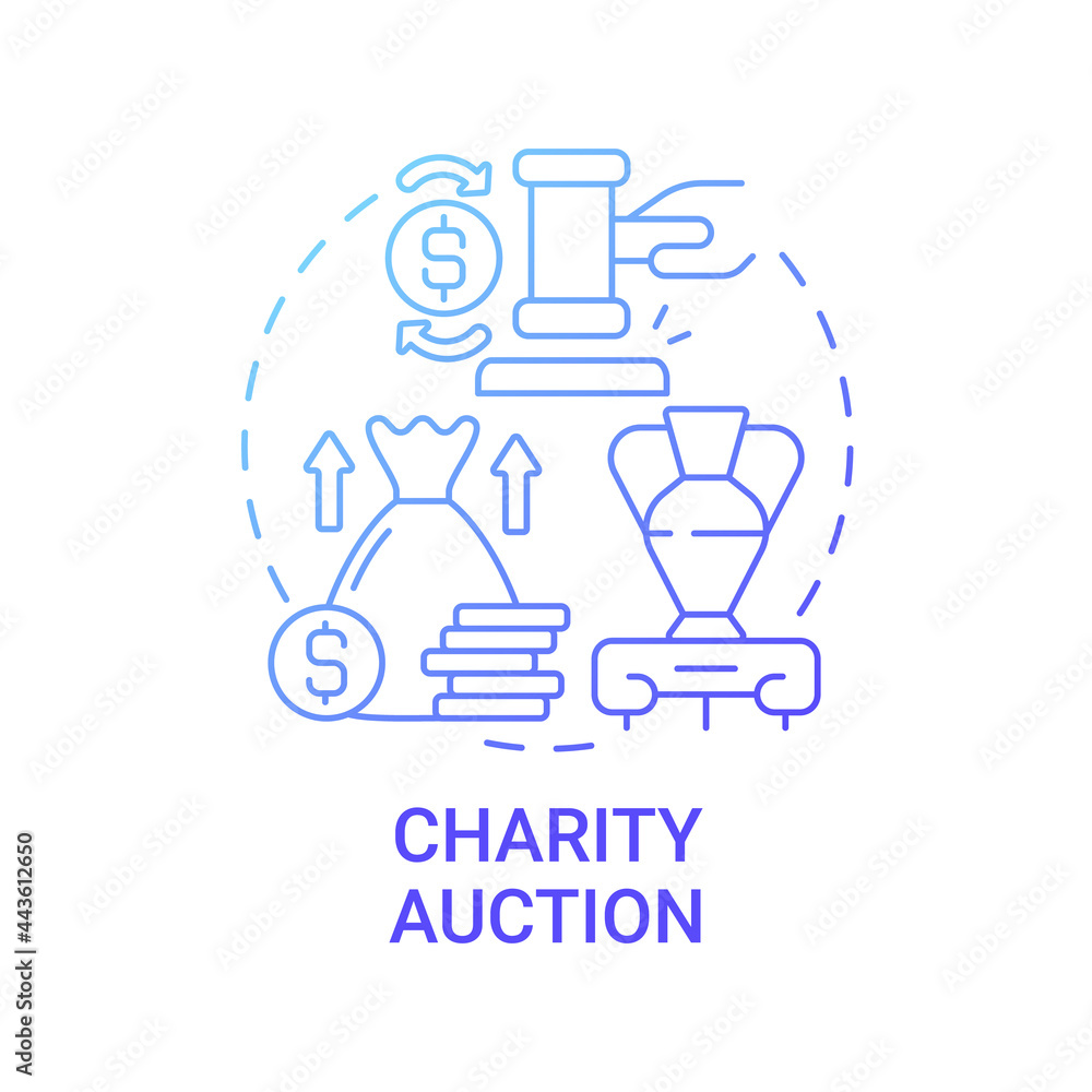 Charity auction concept icon. Fundraising event abstract idea thin line illustration. Bid on unique things. Gaining revenue from charitable donations. Vector isolated outline color drawing Charity auction concept icon. Fundraising event abstract idea thin line illustration. Bid on unique things. Gaining revenue from charitable donations. Vector isolated outline color drawing