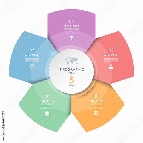 Infographic circle, process chart, cycle diagram with 5 steps, parts. Five-step vector template for business infographics, report, presentation, brochure.