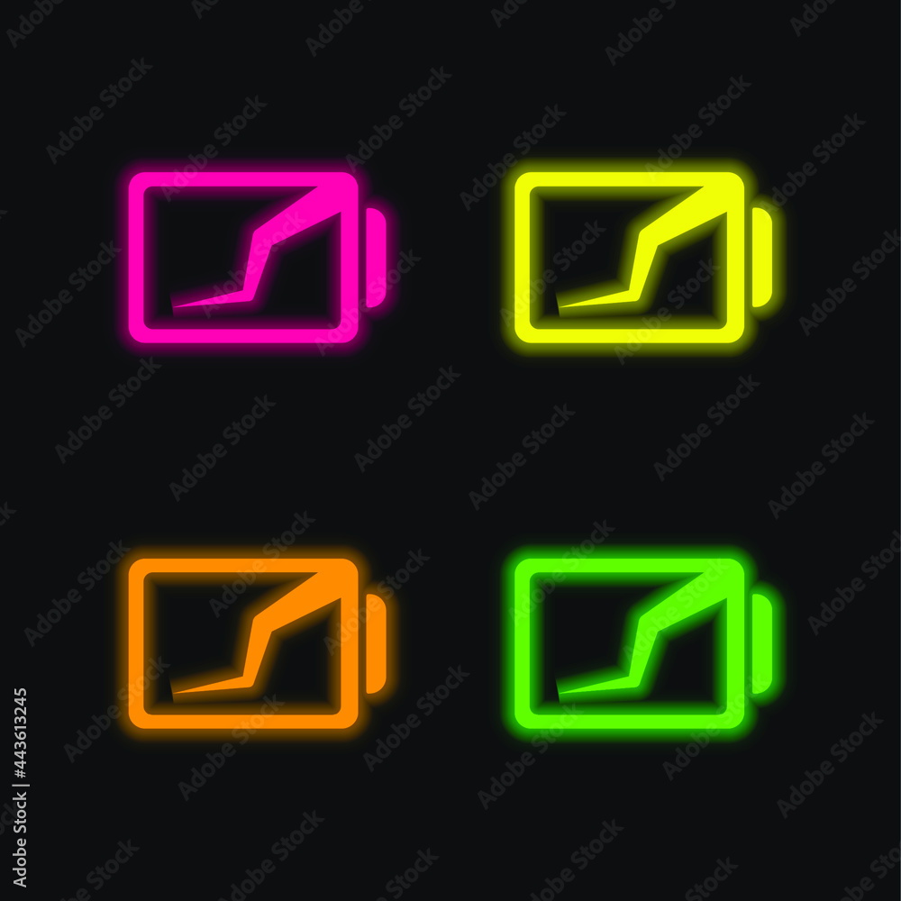Battery Status Interface Symbol With Broken Line four color glowing neon vector icon Battery Status Interface Symbol With Broken Line four color glowing neon vector icon