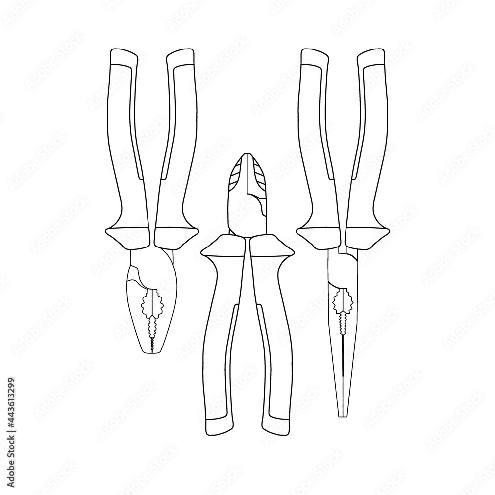 A set of hand tools. Pliers, pliers, and a side cutter. Flat line style design. An illustration isolated on a white background. Tools - pliers, pliers, side cutters. A set of hand tools. Pliers, pliers, and a side cutter. Flat line style design. An illustration isolated on a white background. Tools - pliers, pliers, side cutters.