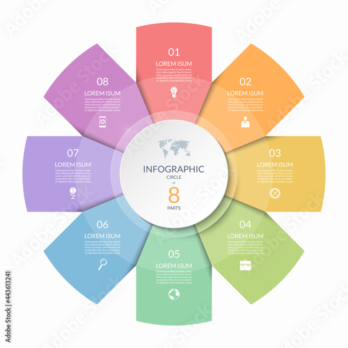 Infographic circle, process chart, cycle diagram with 8 steps, parts. Eight-step vector template for business infographics, report, presentation, brochure.