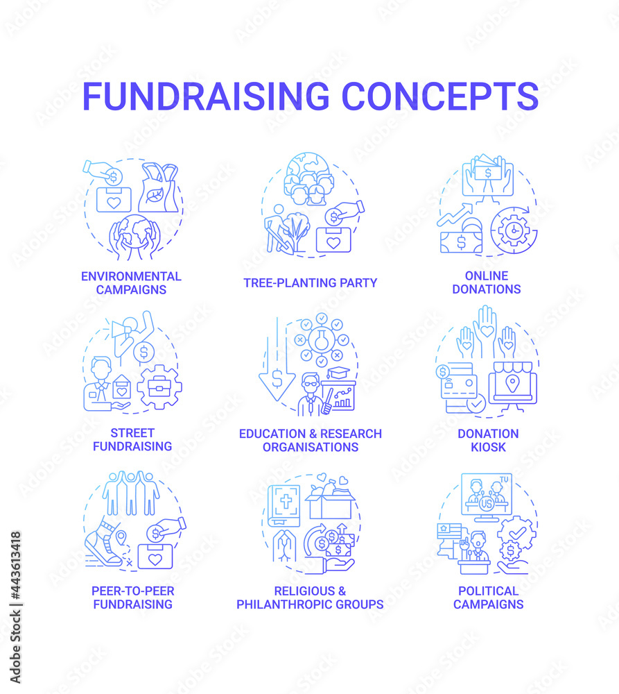 Fundraising concept icons set. Gather financial support idea thin line color illustrations. Political campaigns. Street fundraising. Donation kiosk. Religious groups. Vector isolated outline drawings Fundraising concept icons set. Gather financial support idea thin line color illustrations. Political campaigns. Street fundraising. Donation kiosk. Religious groups. Vector isolated outline drawings