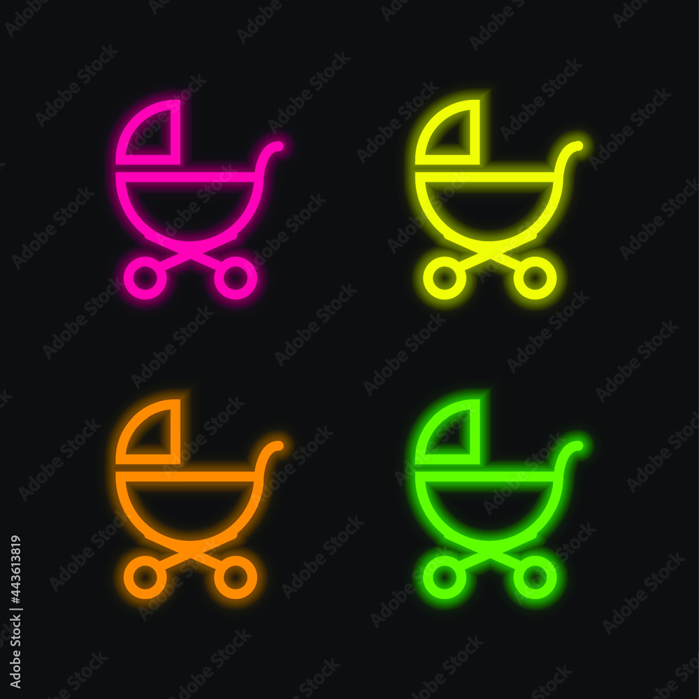 Baby Stroller Outline Of Side View four color glowing neon vector icon Baby Stroller Outline Of Side View four color glowing neon vector icon