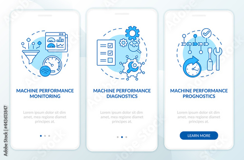 Digital twin tasks onboarding mobile app page screen. Machine diagnostic monitoring walkthrough 3 steps graphic instructions with concepts. UI, UX, GUI vector template with linear color illustrations