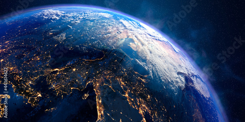 Planet Earth with exaggerated precise relief and volumetric atmosphere. Day-night transition. Turkey, Syria. 3D rendering. Elements of this image furnished by NASA