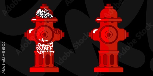 Flat Red City Fire Hydrant Water Supply System Vector Design Element Illustration With Some Urban Graffiti Street Art