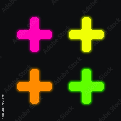 Black Plus Sign four color glowing neon vector icon