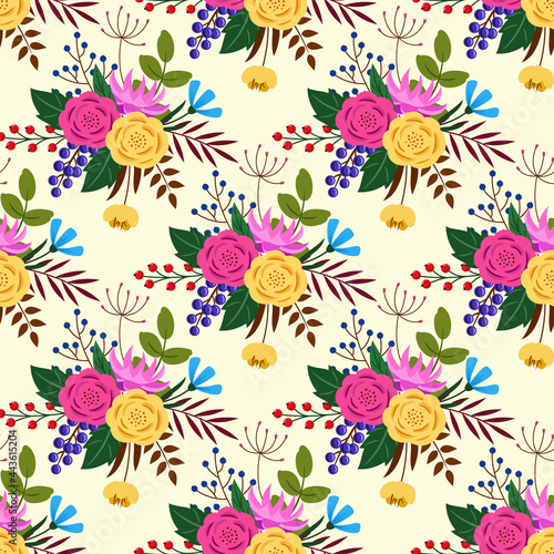 Seamless pattern. Stylized flowers and leaves on a yellow background.