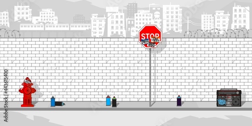 Brick Wall Coloring Page With Some Colorful Elements And Background Of The Cityscape Vector Illustration 