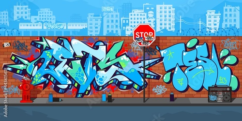 Abstract Colorful Urban Streetart Graffiti Wall With Drawings Against The Background Of The Cityscape Vector Illustration