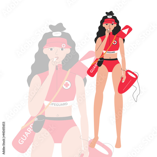 Handsome young adult woman is lifeguard on beach. Female professional rescuer on duty, emergency during summer vacation. Modern character standing full length design isolated. Vector flat illustration