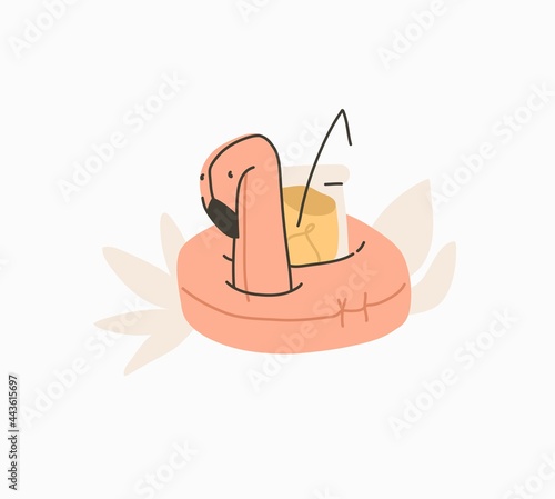 Hand drawn vector abstract stock graphic summer time cartoon,minimalistic illustrations print with bohemian beautiful beach flamingo float cocktail ring with lemonade,isolated on white background.