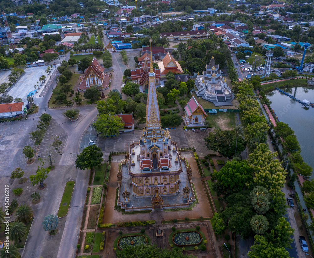 .aerial panorama view scenery sunset above Chalong pagoda in Phuket province..Chalong temple is the one popular landmark in phuket.colorful cloud scape sky sunset.travel culture concept.