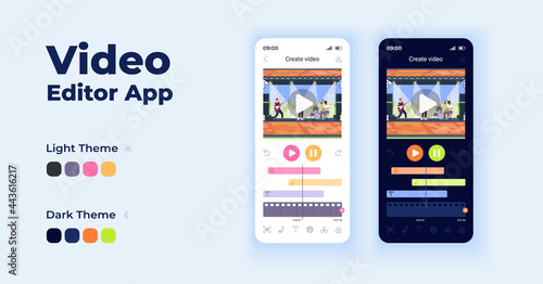 Video editor cartoon smartphone interface vector templates set. Mobile app screen page night and day mode design. Photo slideshow creation UI for application. Phone display with flat character photo