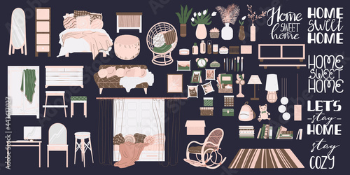 Vector set of bedroom with stylish cozy furniture and modern home decorations in trendy Scandinavian style with handwritten quote. Flat cartoon vector illustration set of home interior with slogan.