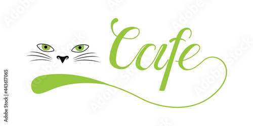 Lettering cafe written by hands isolated on a white background. Ink calligraphy. Vector illustration for a signboard with the muzzle of a domestic cat. Expressive eyes and mustache. Typographic font.