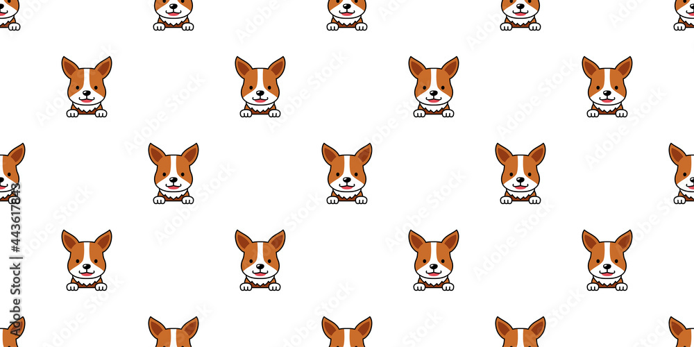 Cartoon character corgi dog face seamless pattern background for design. Cartoon character corgi dog face seamless pattern background for design.