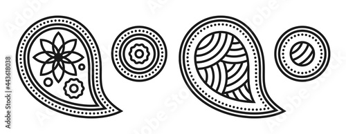Paisley signs black creative design set. Isolated abstract cashmere icons on white background.  Various buta symbols decorative style. vector illustration.