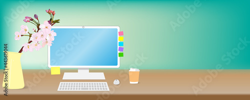 Cherry blossoms on the desk, desktop PC, keyboard and mouse. mock up, vector illustration, copy space, web header, banner, graphic,	