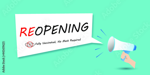 Concept reopening aftercovid-19  vaccination sign with hand holding megaphone