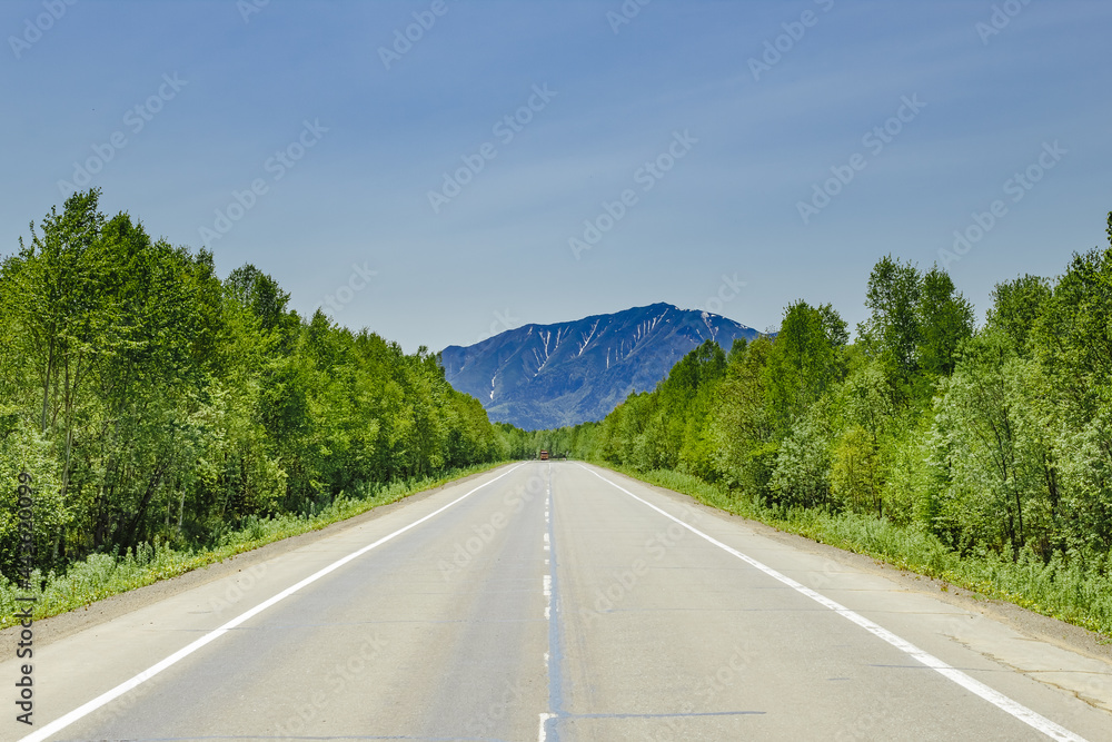 Fototapeta premium A marked road with trees on the sides and high hills in the background.