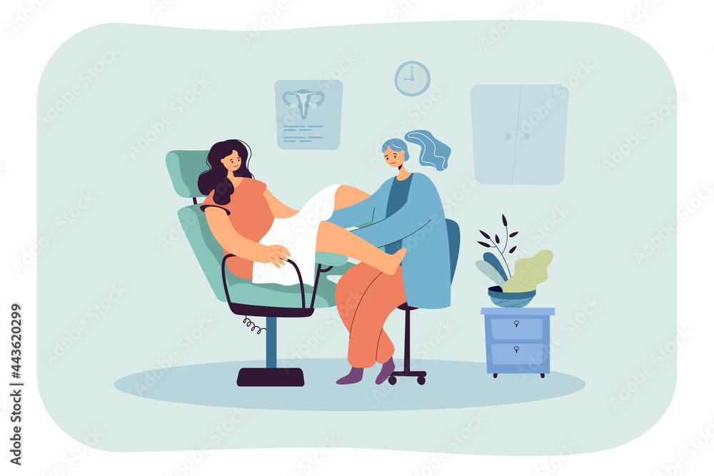 Gynecological examination flat vector illustration. Woman sitting in gynecological chair while doctor examining her vagina, cervix. Obstetrics, gynecology, health, medicine concept for banner design