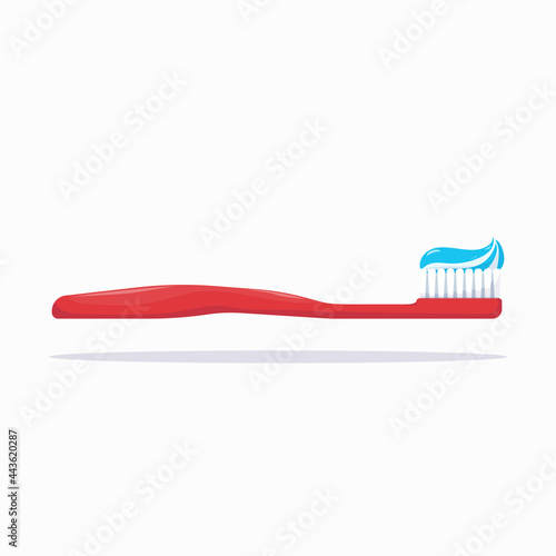 Red toothbrush with gel toothpaste. Tooth protection and cleaning everyday routine. Realistic style tooth brush with shadows on white background. Dental hygiene vector illustration.