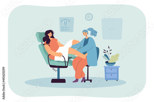 Gynecological examination flat vector illustration. Woman sitting in gynecological chair while doctor examining her vagina, cervix. Obstetrics, gynecology, health, medicine concept for banner design