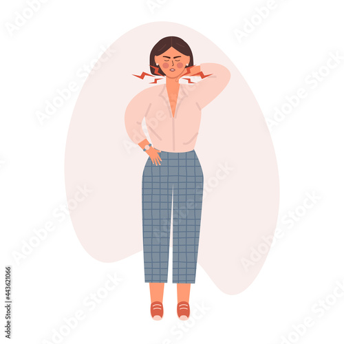 Unhappy girl suffering from neck pain. Woman feeling muscle or joint injury. Vector illustratin in trendy live flat style. Healthcare, pain, sickness, disease concept, isolated on a white background