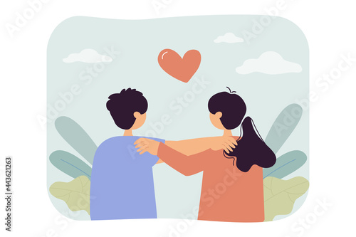 Back view of little boy and girl hugging. Cartoon heart above cute children flat vector illustration. Love, first feelings, dating, relationship concept for banner, website design or landing web page