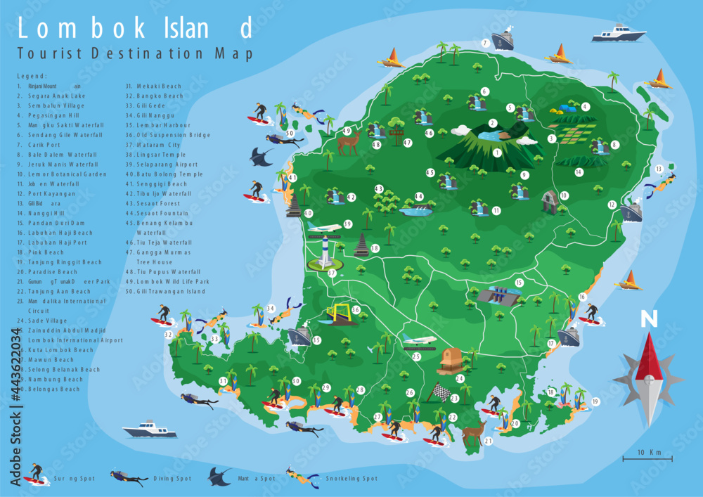 Naklejka premium Lombok Island Tourist Destination map