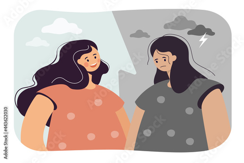 Contrast of happy and depressed woman. Flat vector illustration. Split portrait of girl with bipolar disorder with smile and sad face. Mental health, psychology, mood concept