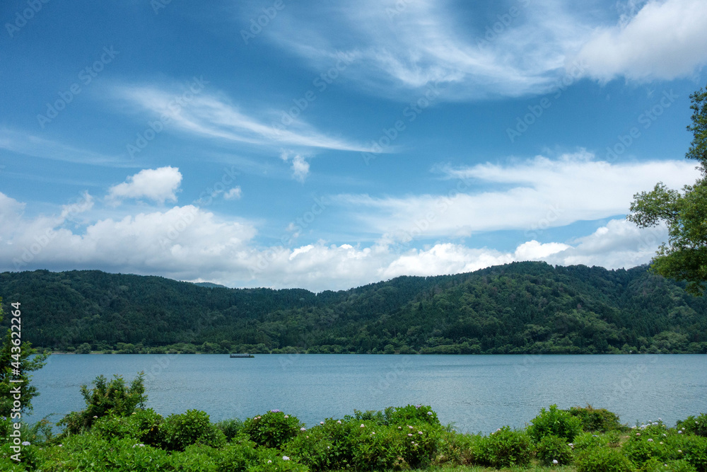 滋賀県長浜市の余呉湖の初夏の風景です