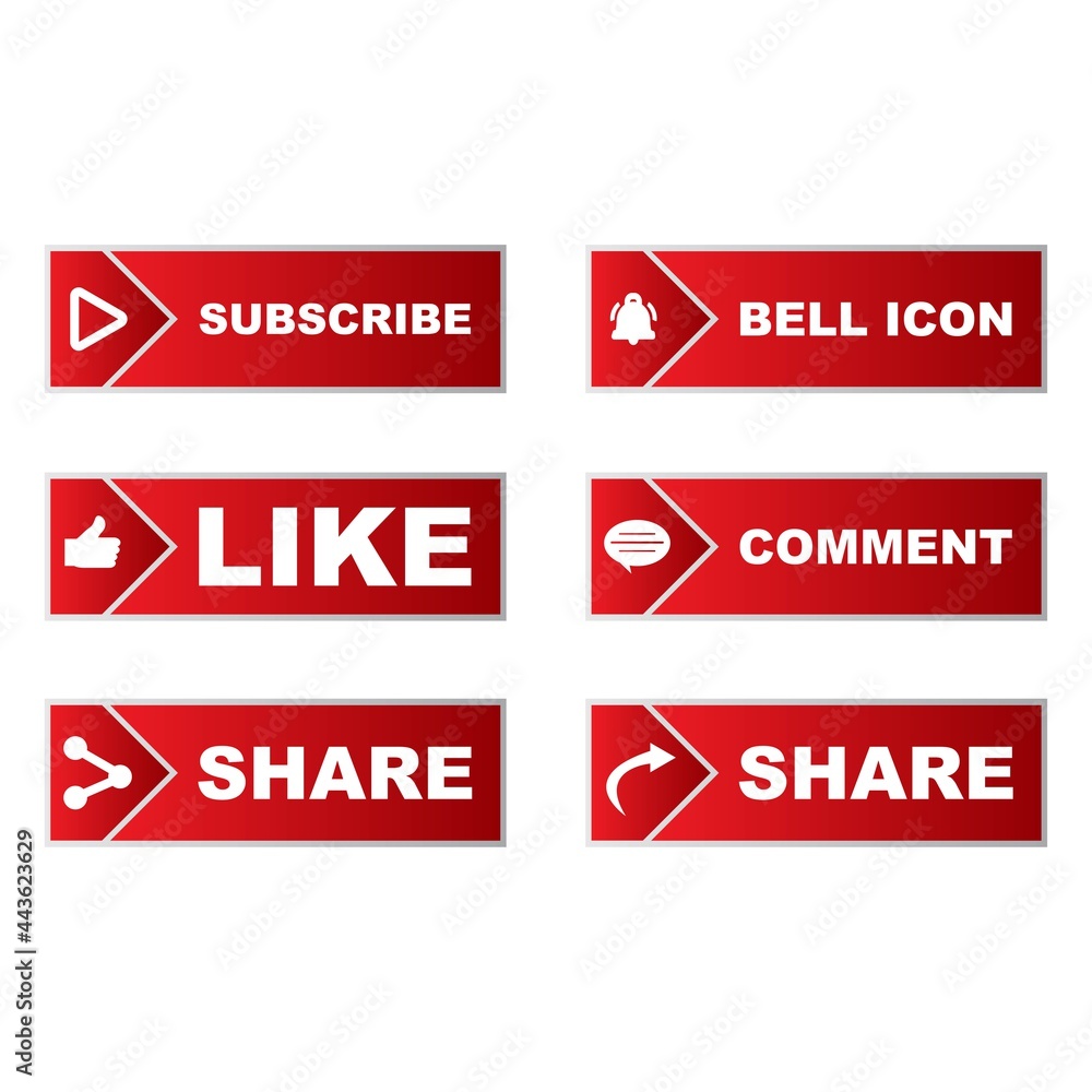 Subscribe button collection with multiple square shapes. Red color button collection with like, comment and share icon. Metallic red color social media button collection. Subscribe button collection with multiple square shapes. Red color button collection with like, comment and share icon. Metallic red color social media button collection.