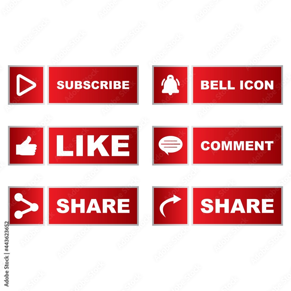 Button collection with multiple shapes. Red color button collection with like, subscribe, comment, and share icon. Metallic red color social media button collection. Button collection with multiple shapes. Red color button collection with like, subscribe, comment, and share icon. Metallic red color social media button collection.