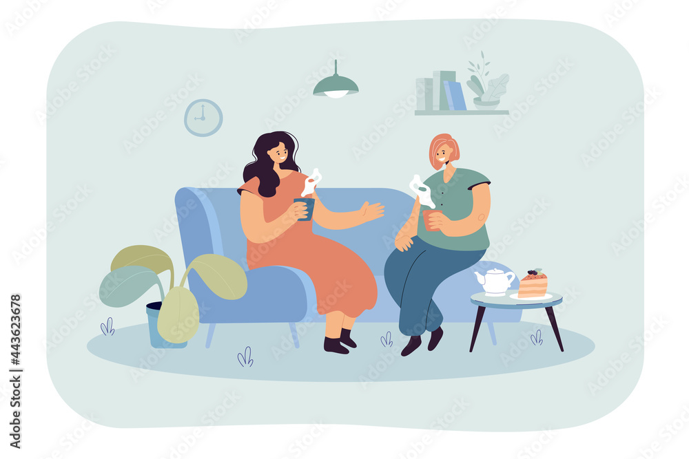 Two happy women sitting on comfy couch with hot drinks. Flat vector illustration. Female characters having conversation at home, drinking tea, coffee together. Friendship, communication, home concept