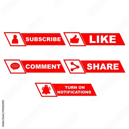 Subscribe button stylish collection with multiple shapes. Red color button collection with like, comment, and share icon. Metallic red color social media button collection.