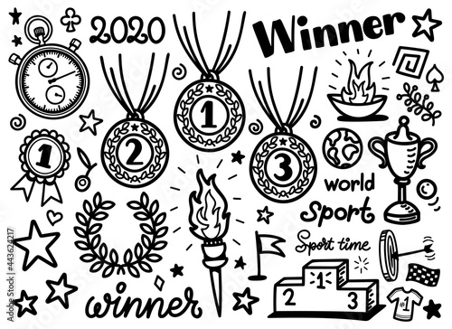 Award doodle. Hand drawn sport games icon set. Cute cartoon drawing. Coloring page. Tokyo 2021. Vector print illustration