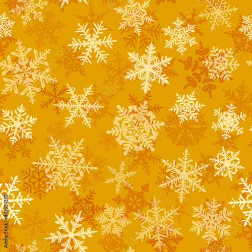 Christmas seamless pattern with complex big and small snowflakes, white on yellow background