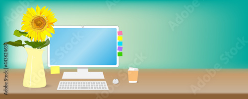  Sunflower flowers in pot on the desk, desktop PC, keyboard and mouse. mock up, vector illustration, copy space, web header, banner, graphic, yellow